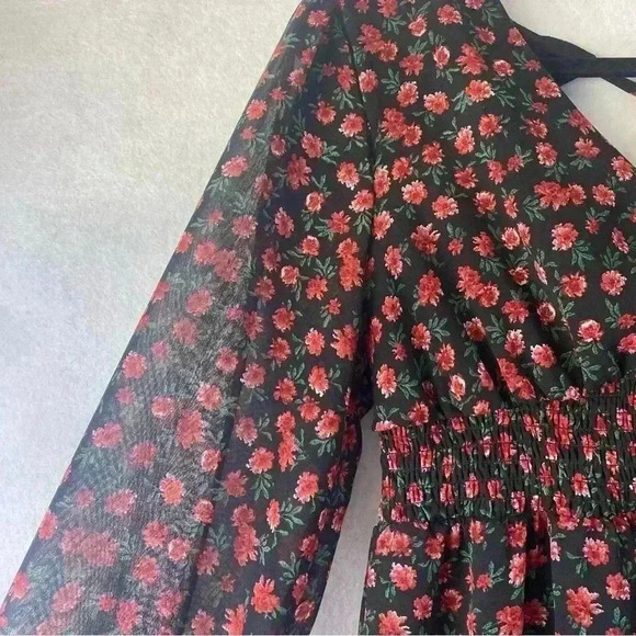 Indulge Women's Floral Smocked V Neck Bell Sleeve Fairy Goth Maxi Dress Sz Large - Picture 10 of 13